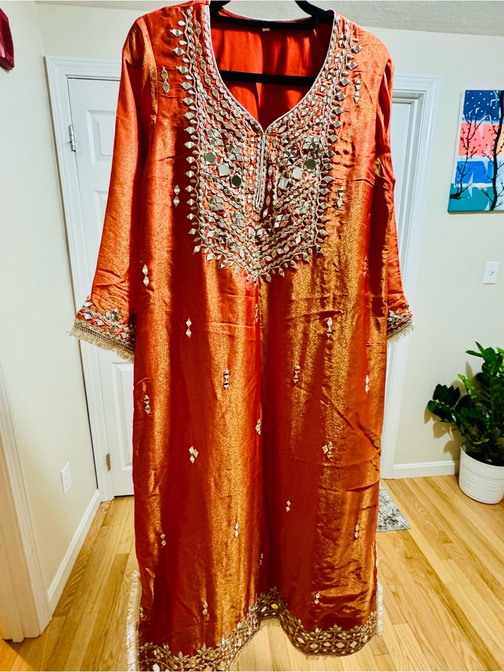 Embroidered Orange Simari Kaftan Dress with potli bag